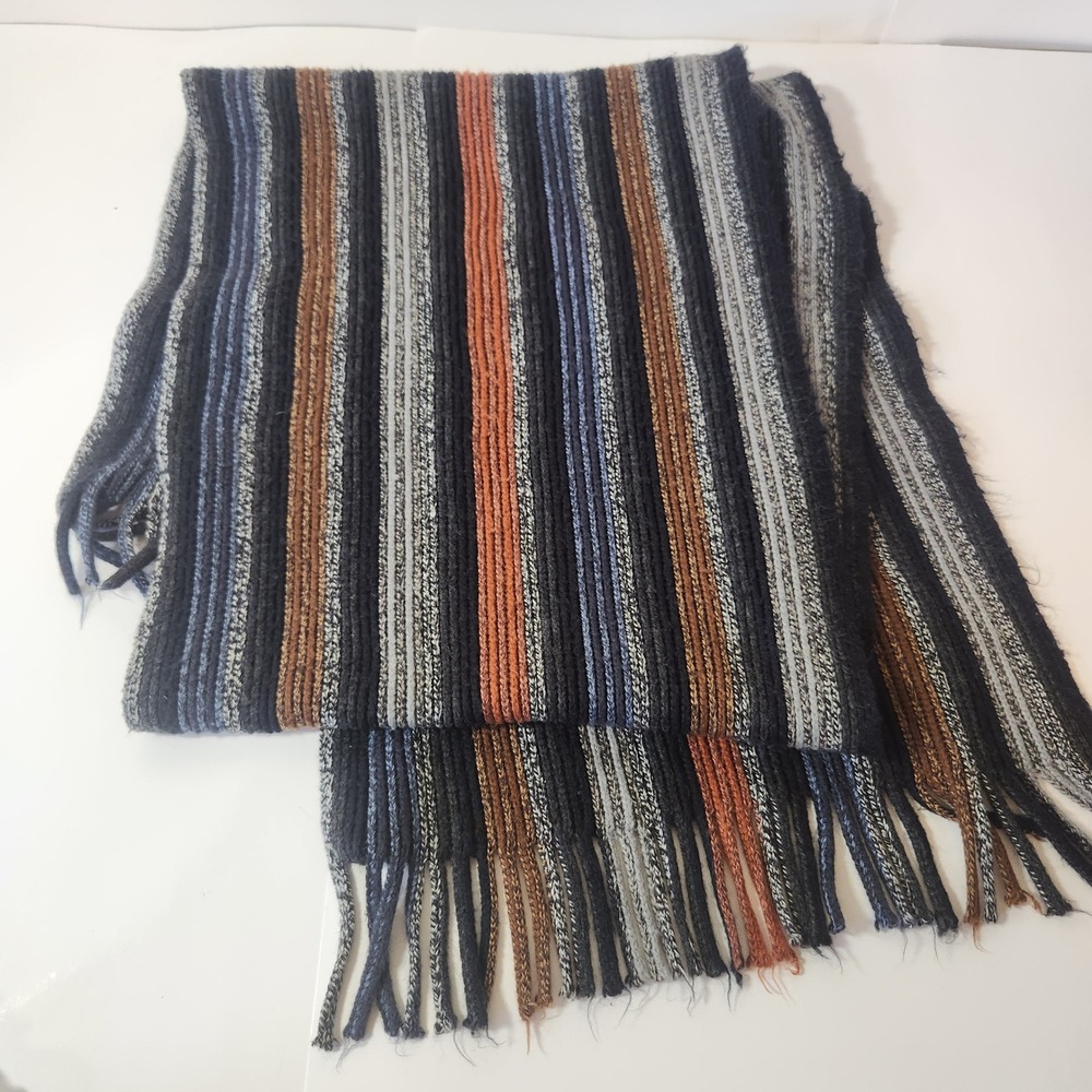 V. Fraas Striped Knit Scarf Blue Grey Rust Orange Fringed Acrylic‎ Winter Wrap